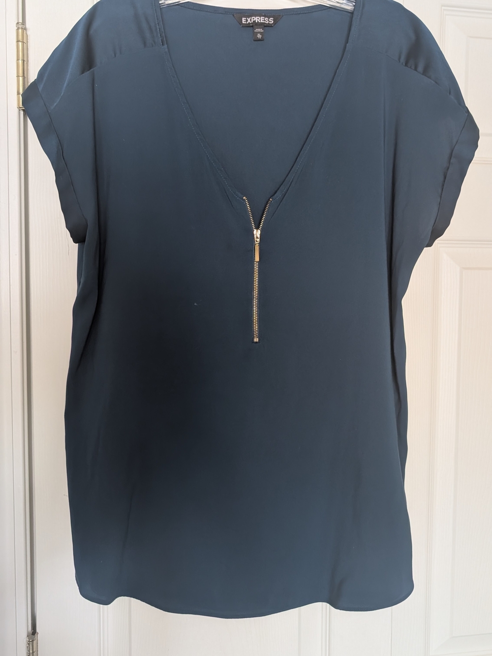 Express Women's Teal V-Neck Zip Front Blouse